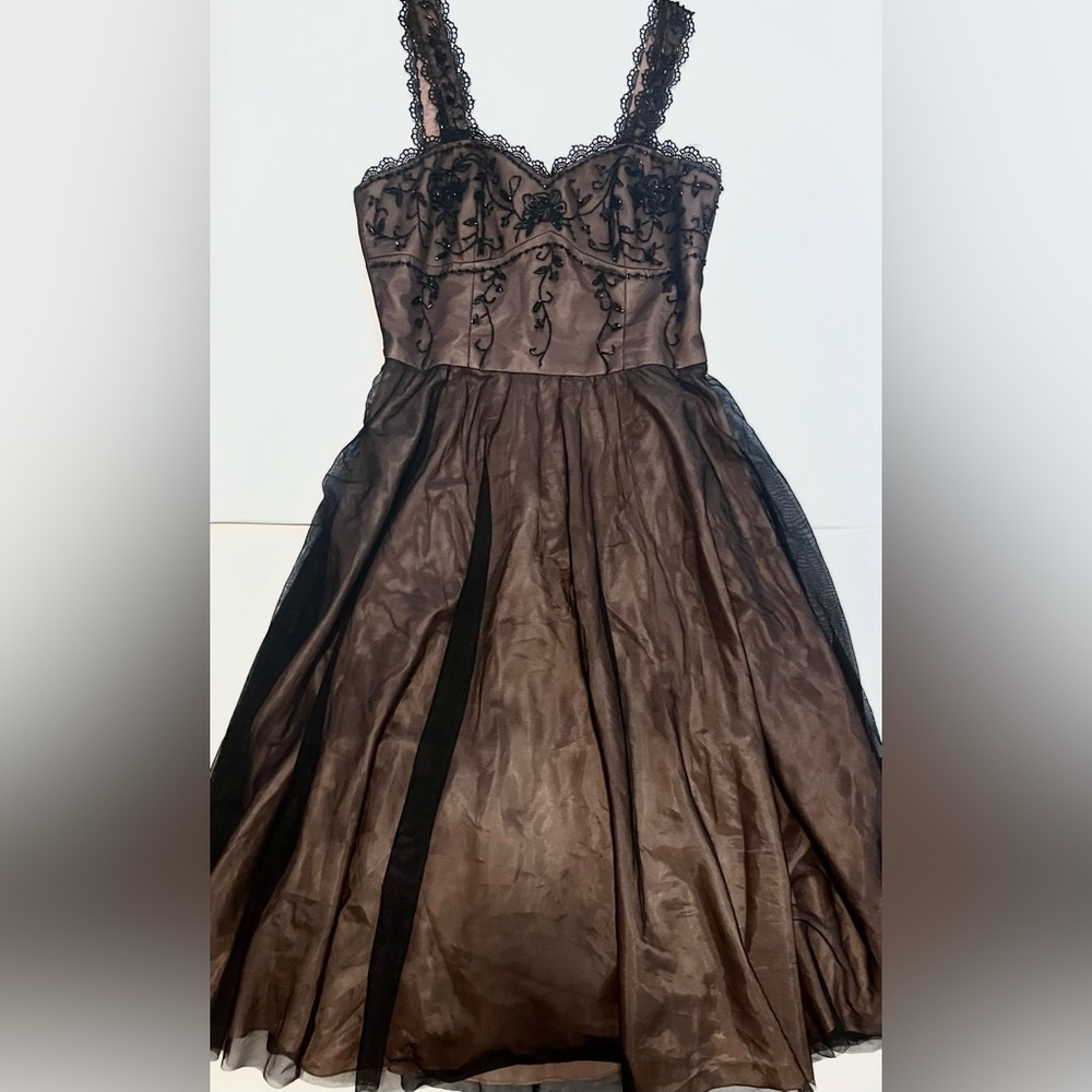 Brown Beaded Flared Skirt Party Dress